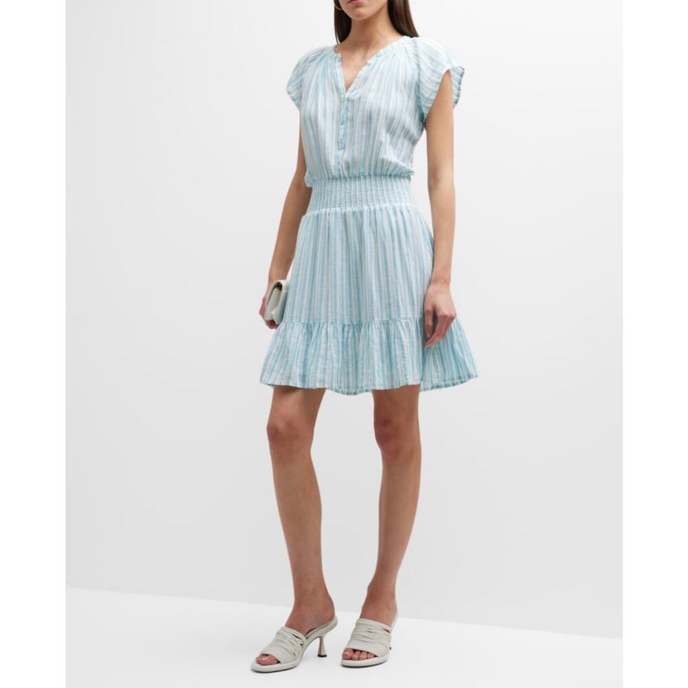 Rails Blue Stripe Augustine Smocked Linen Blend Dress Flounce Hem Coastal Medium